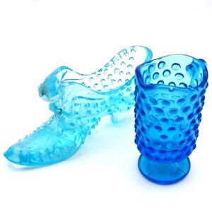 Set of 2 Blue Pressed Glass Novelty Items Fenton Cat in Slipper & Mini Creamer